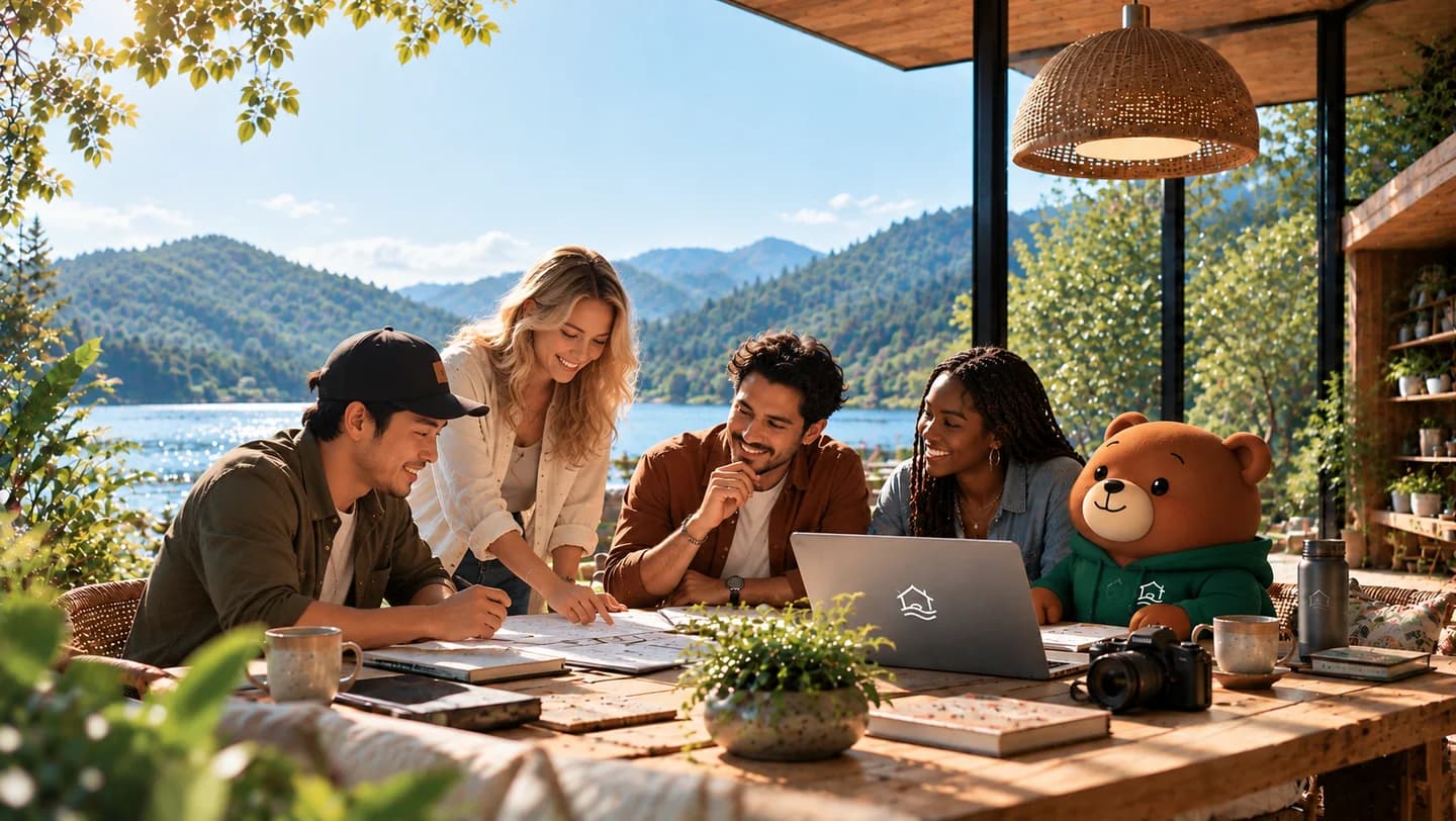 A project team working together at a lakeside table